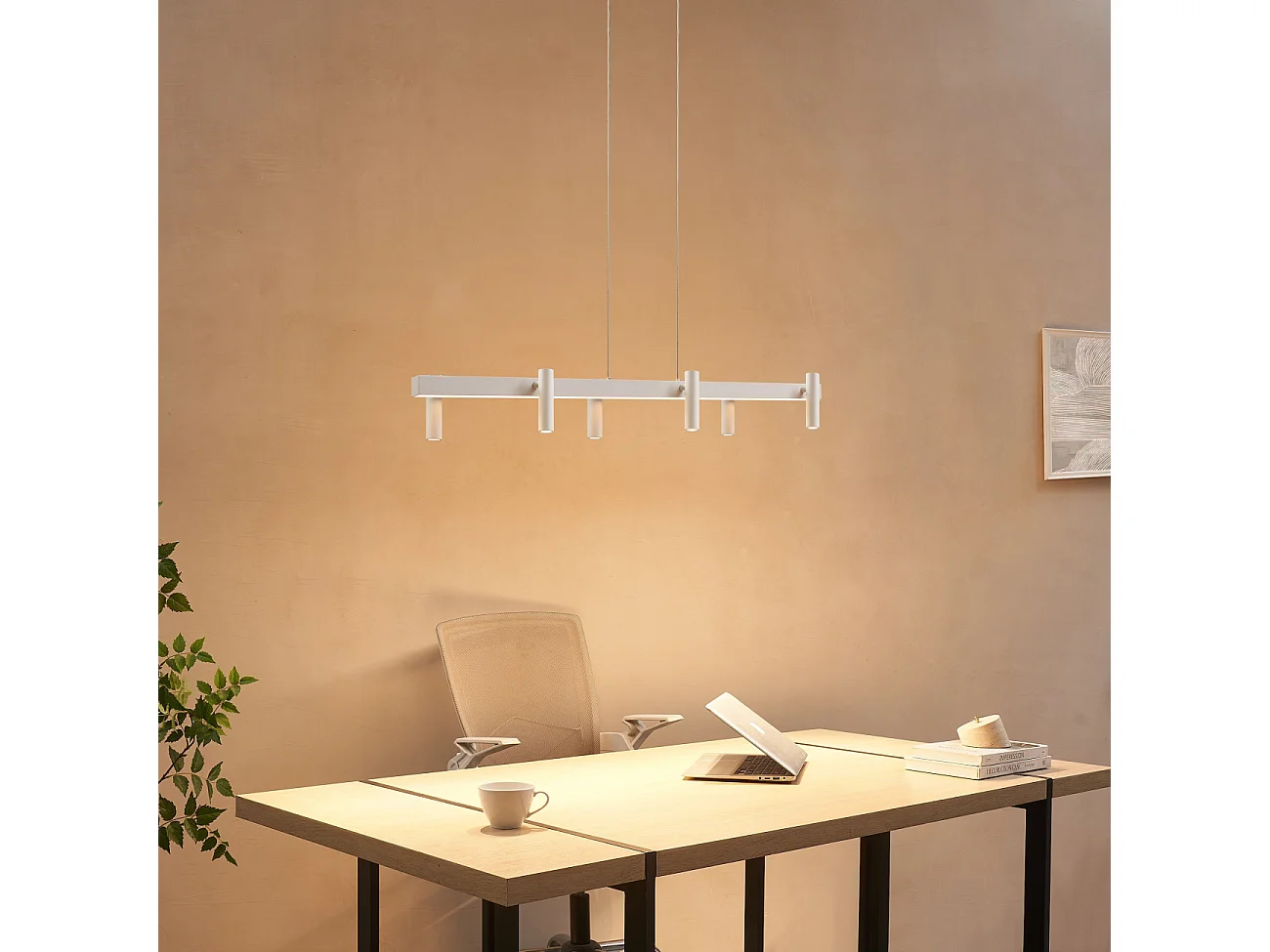 Longue suspension blanche linéaire LED dimmable spots orientables  - Aniska