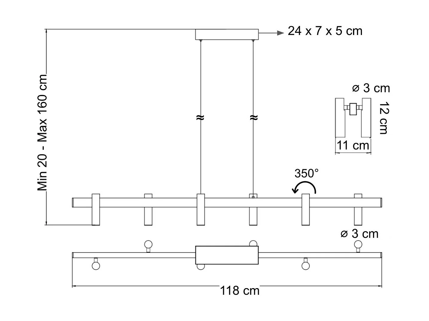 Longue suspension blanche linéaire LED dimmable spots orientables  - Aniska