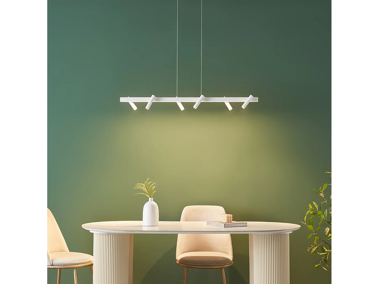 Longue suspension blanche linéaire LED dimmable spots orientables  - Aniska