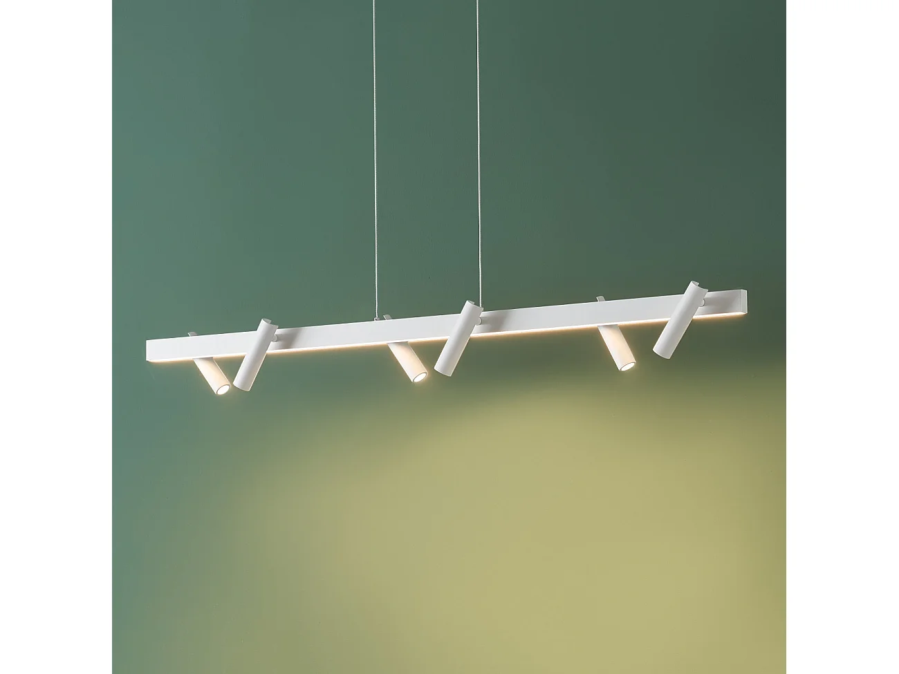 Longue suspension blanche linéaire LED dimmable spots orientables  - Aniska