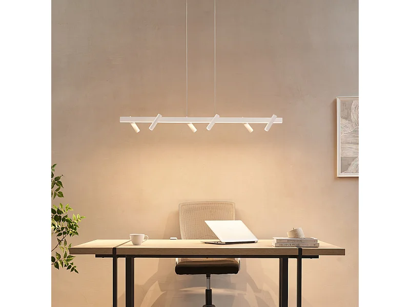Longue suspension blanche linéaire LED dimmable spots orientables  - Aniska
