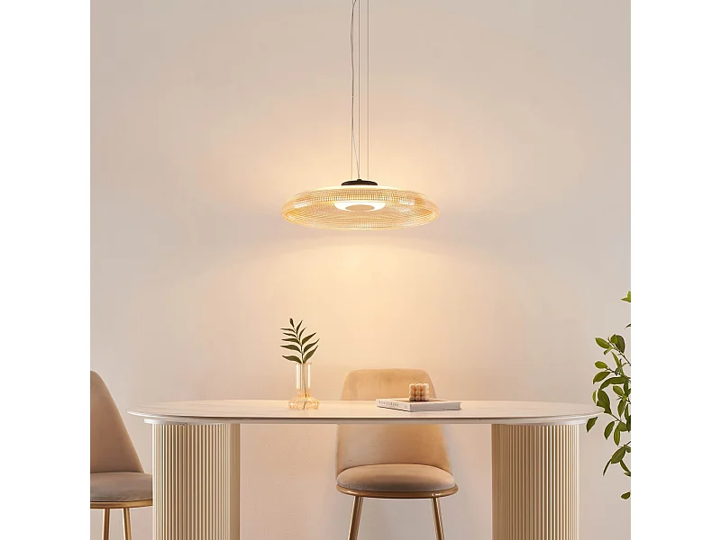 Suspension LED moderne verre texturé ambré et base noire  - Ossara