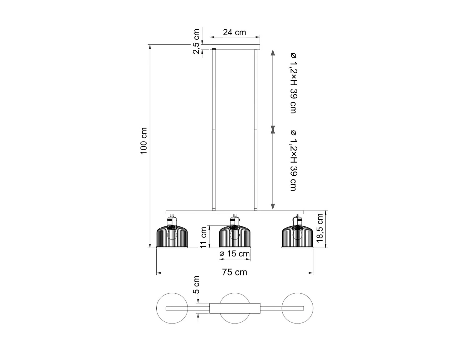 Suspension vintage laiton trois verres transparents striés - Auréline