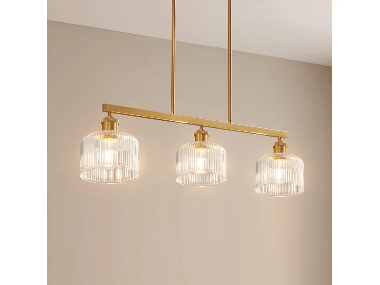 Suspension vintage laiton trois verres transparents striés - Auréline