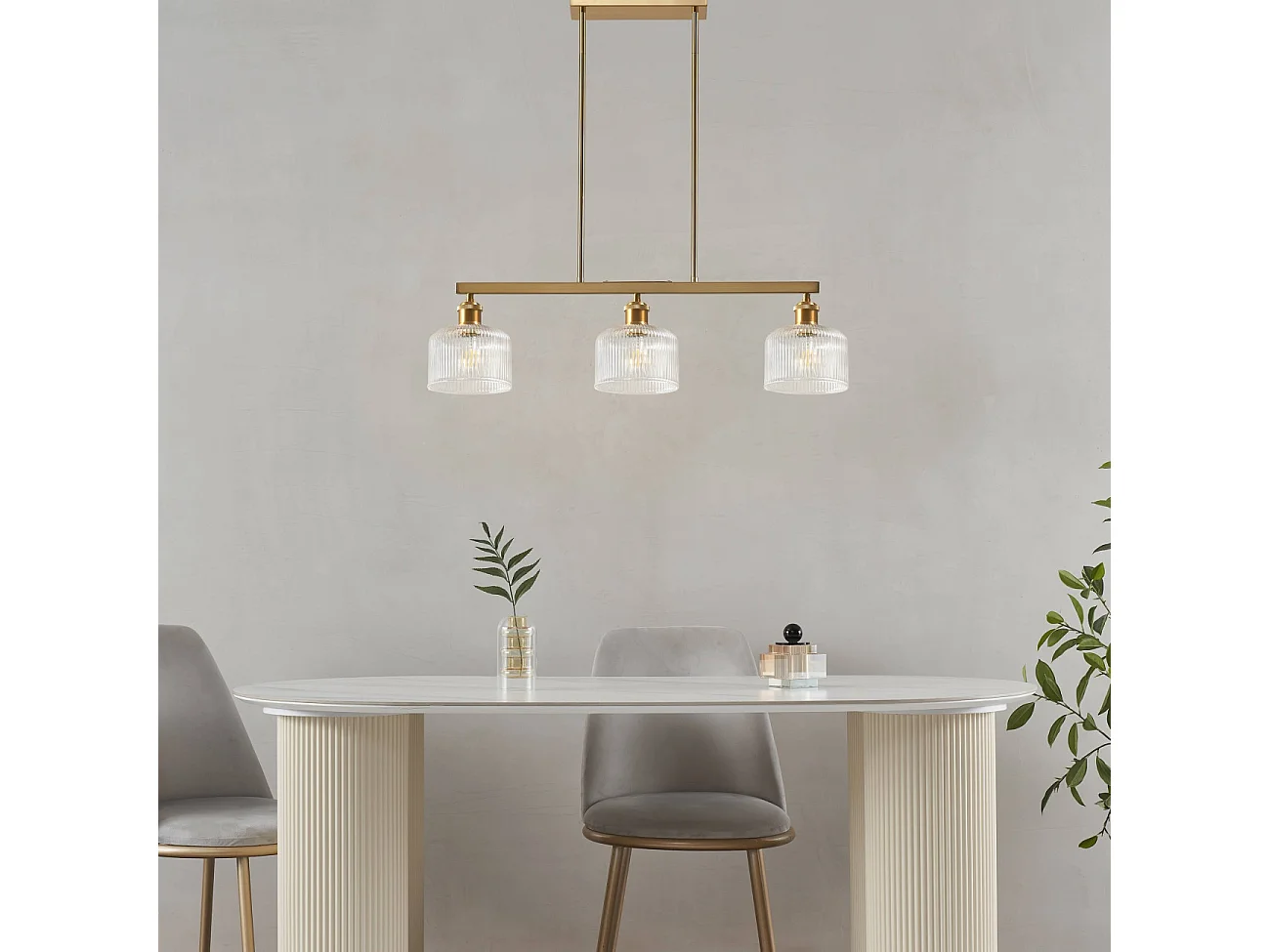 Suspension vintage laiton trois verres transparents striés - Auréline