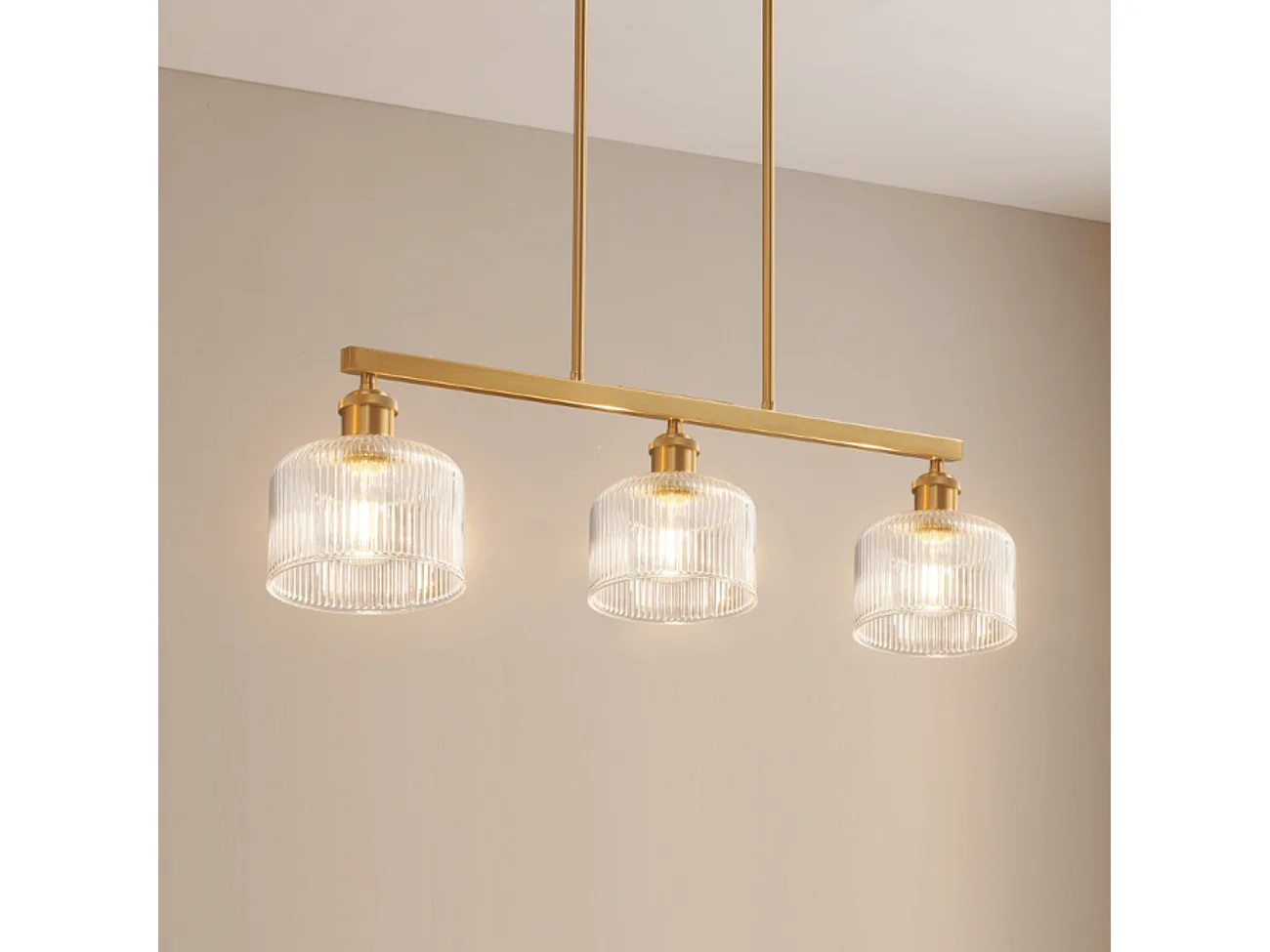 Suspension vintage laiton trois verres transparents striés - Auréline