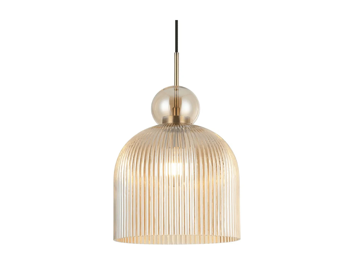 Suspension moderne avec verre nervuré ambré et boule dorée  - Ysolde