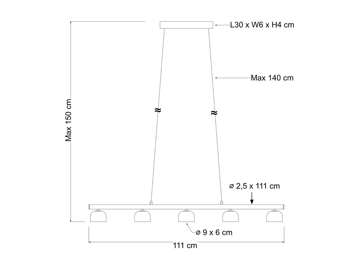 Longue suspension LED laiton avec 5 dômes en verre - Nysséa