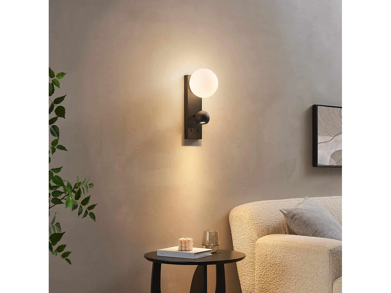 Applique LED noire double éclairage liseuse et verre blanc - Avelysa