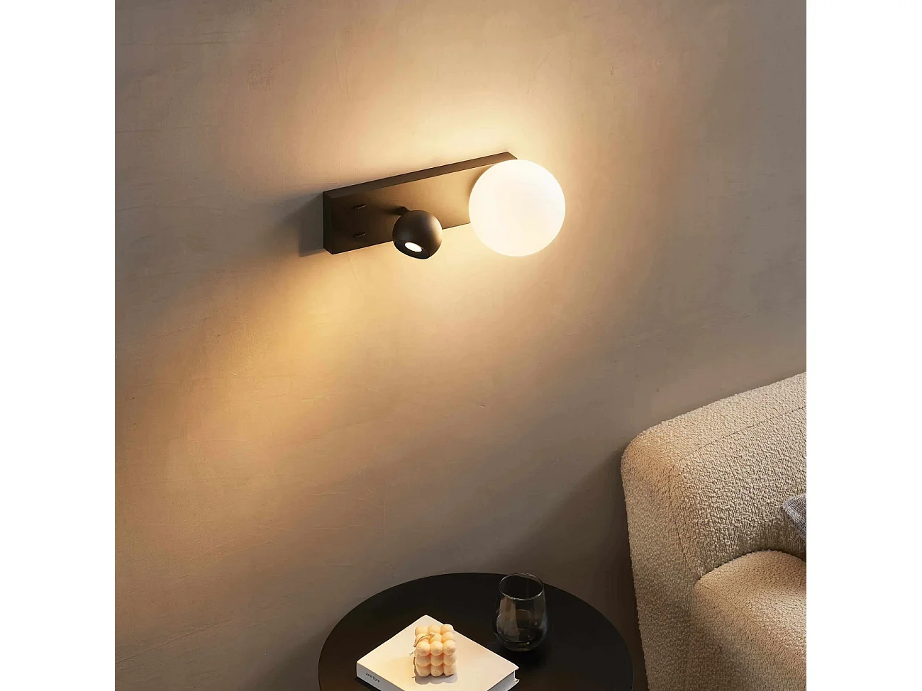 Applique LED noire double éclairage liseuse et verre blanc - Avelysa