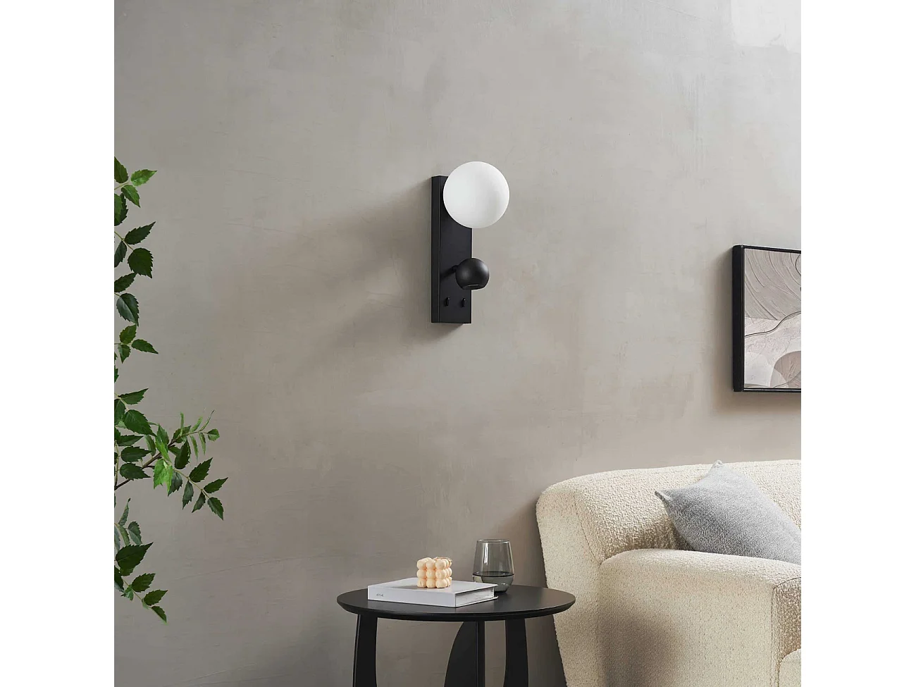 Applique LED noire double éclairage liseuse et verre blanc - Avelysa