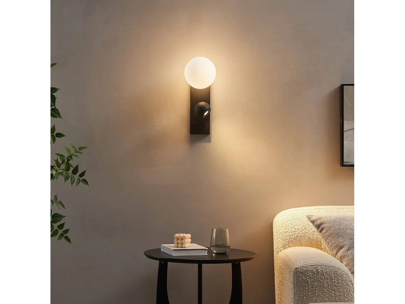 Applique LED noire double éclairage liseuse et verre blanc - Avelysa