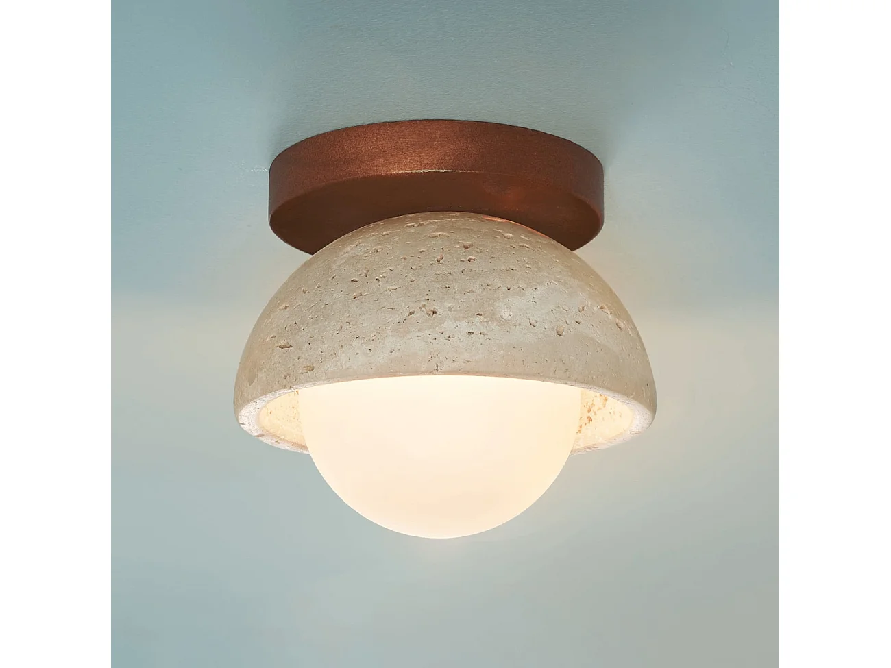 Petit éclairage en pierre naturelle bois et verre rond dépoli - Pietra