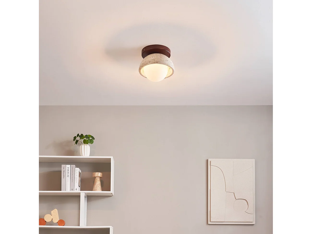 Petit éclairage en pierre naturelle bois et verre rond dépoli - Pietra