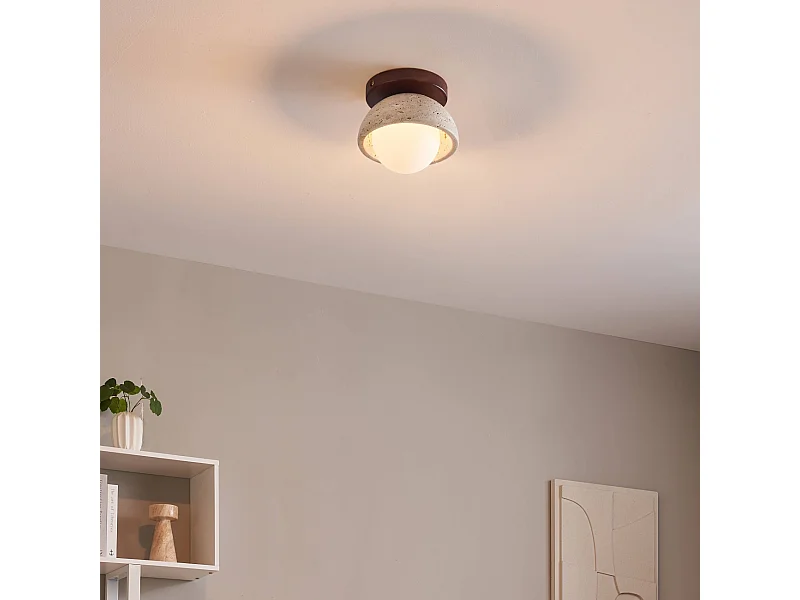 Petit éclairage en pierre naturelle bois et verre rond dépoli - Pietra