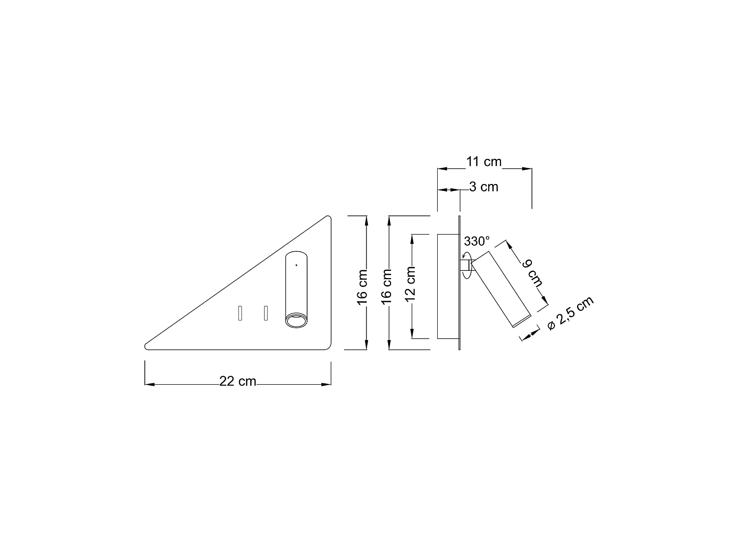 Applique noire triangle LED avec liseuse et angle droit à droite - Elaris Type A