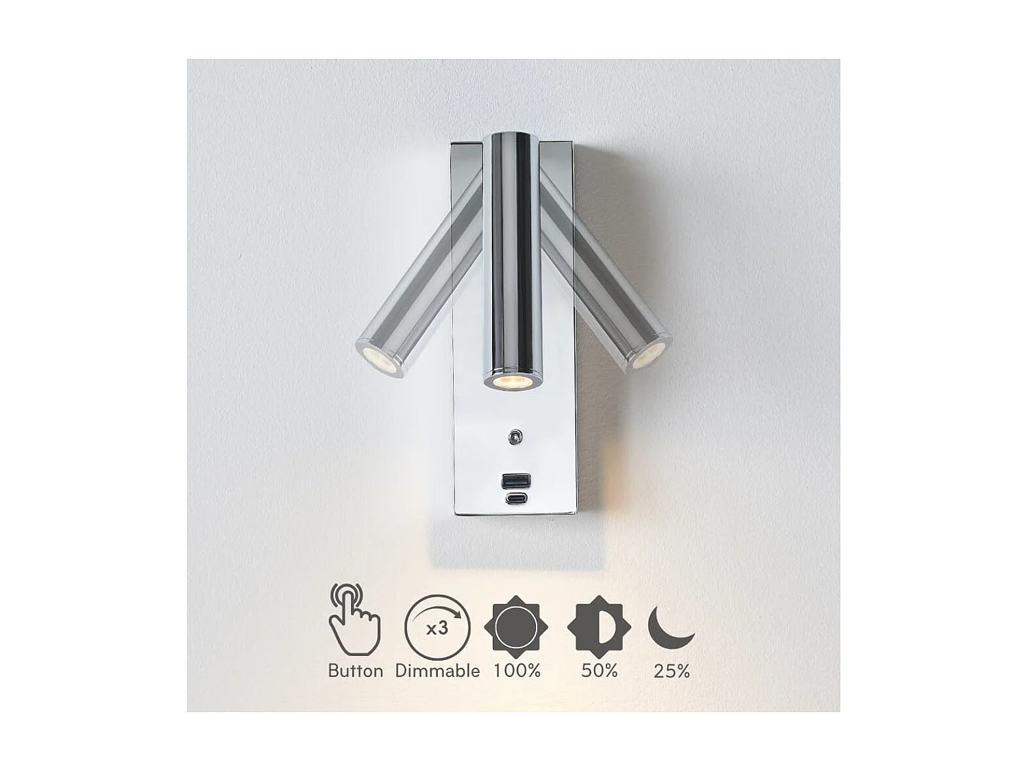 Applique LED liseuse chromée port USB et variateur intégrée  - Tofino