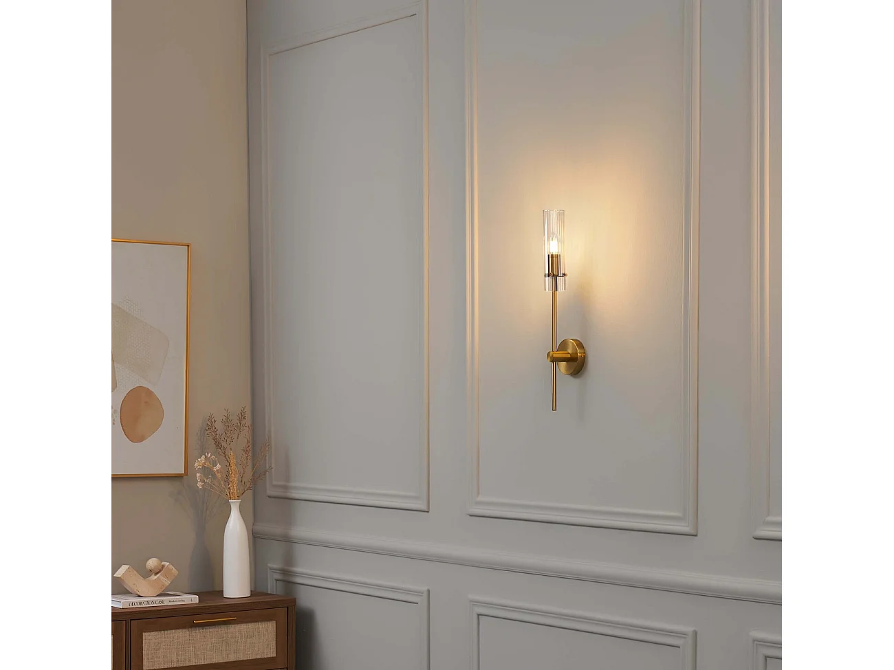Grande applique support doré et tube en verre transparent - Sérénia