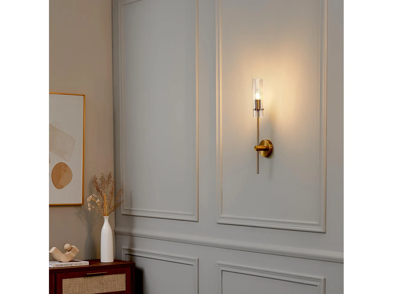 Grande applique support doré et tube en verre transparent - Sérénia
