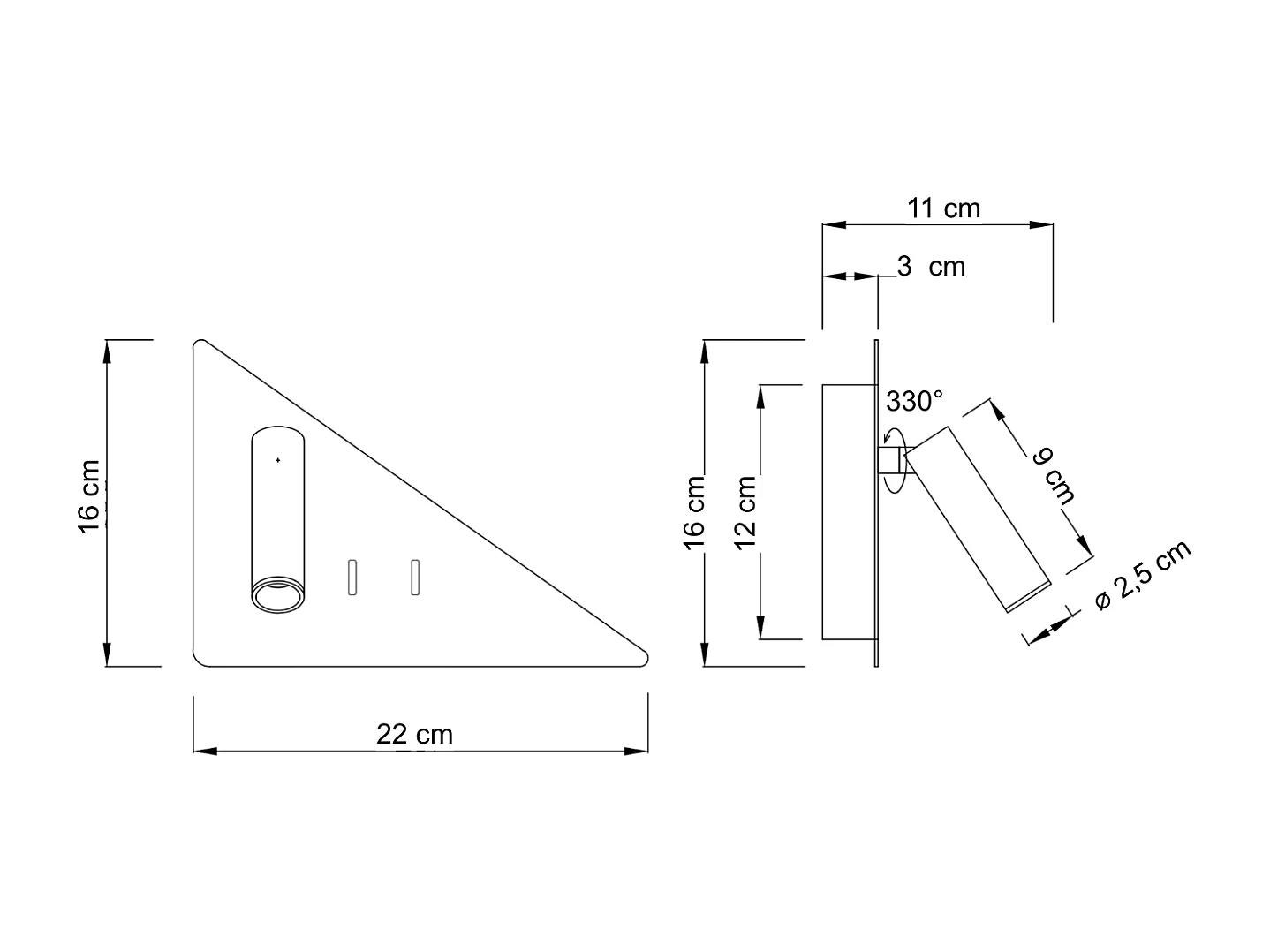 Applique noire triangle LED avec liseuse et angle droit à gauche - Elaris Type B
