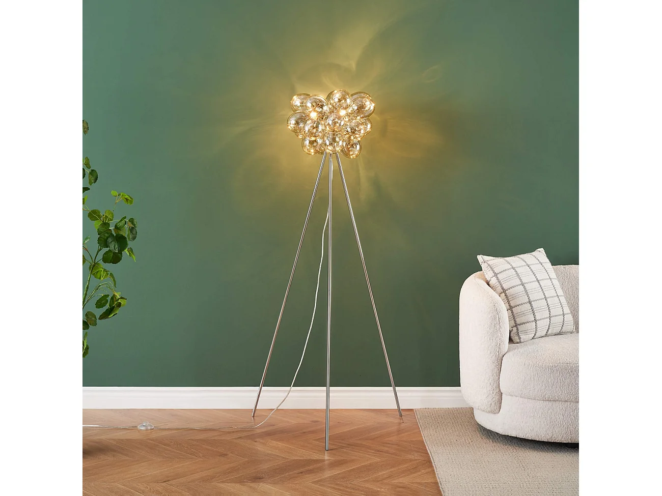 Lampadaire trépied chromé verre ambré ultra décoratif  - Bartali