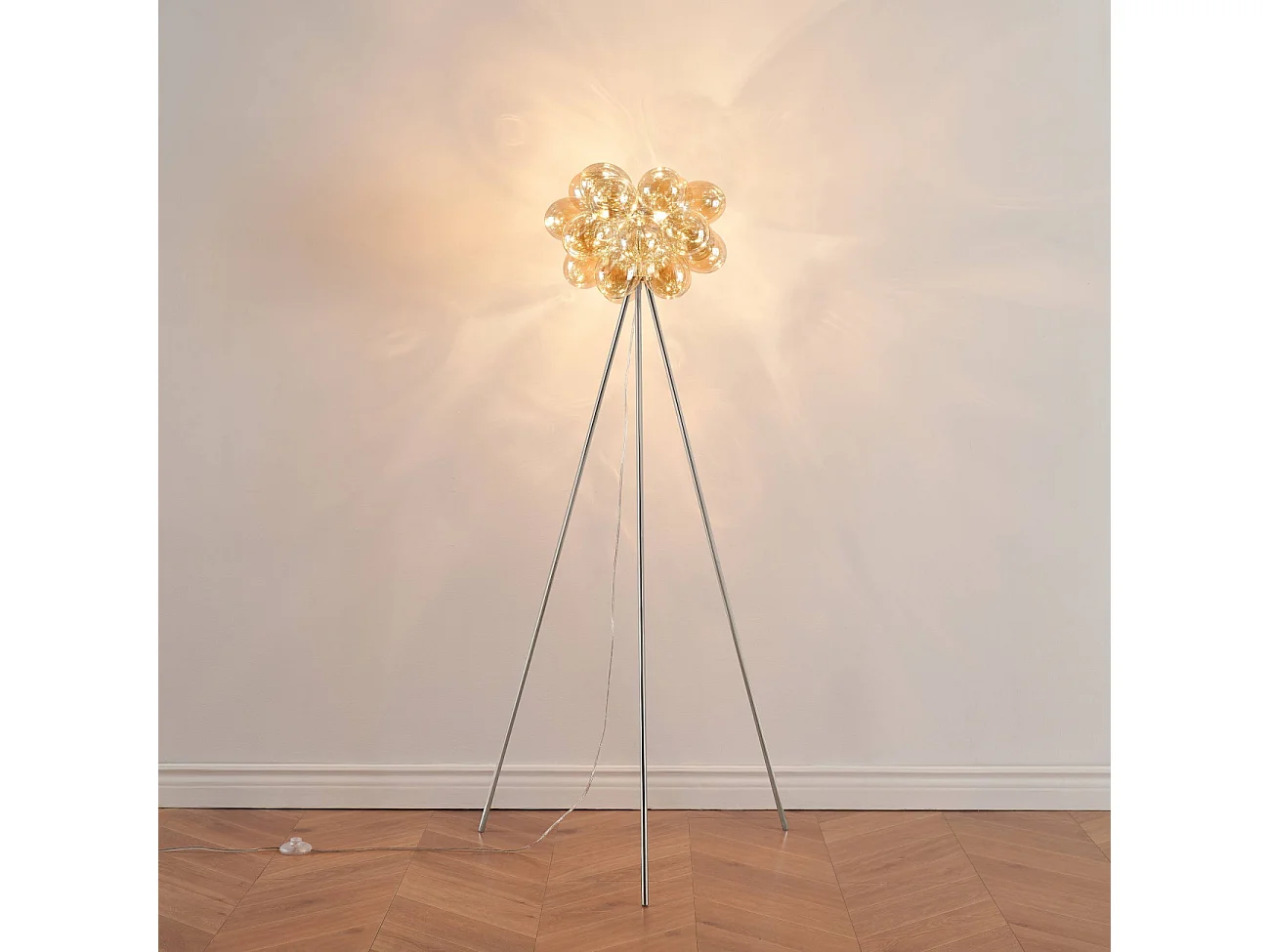 Lampadaire trépied chromé verre ambré ultra décoratif  - Bartali