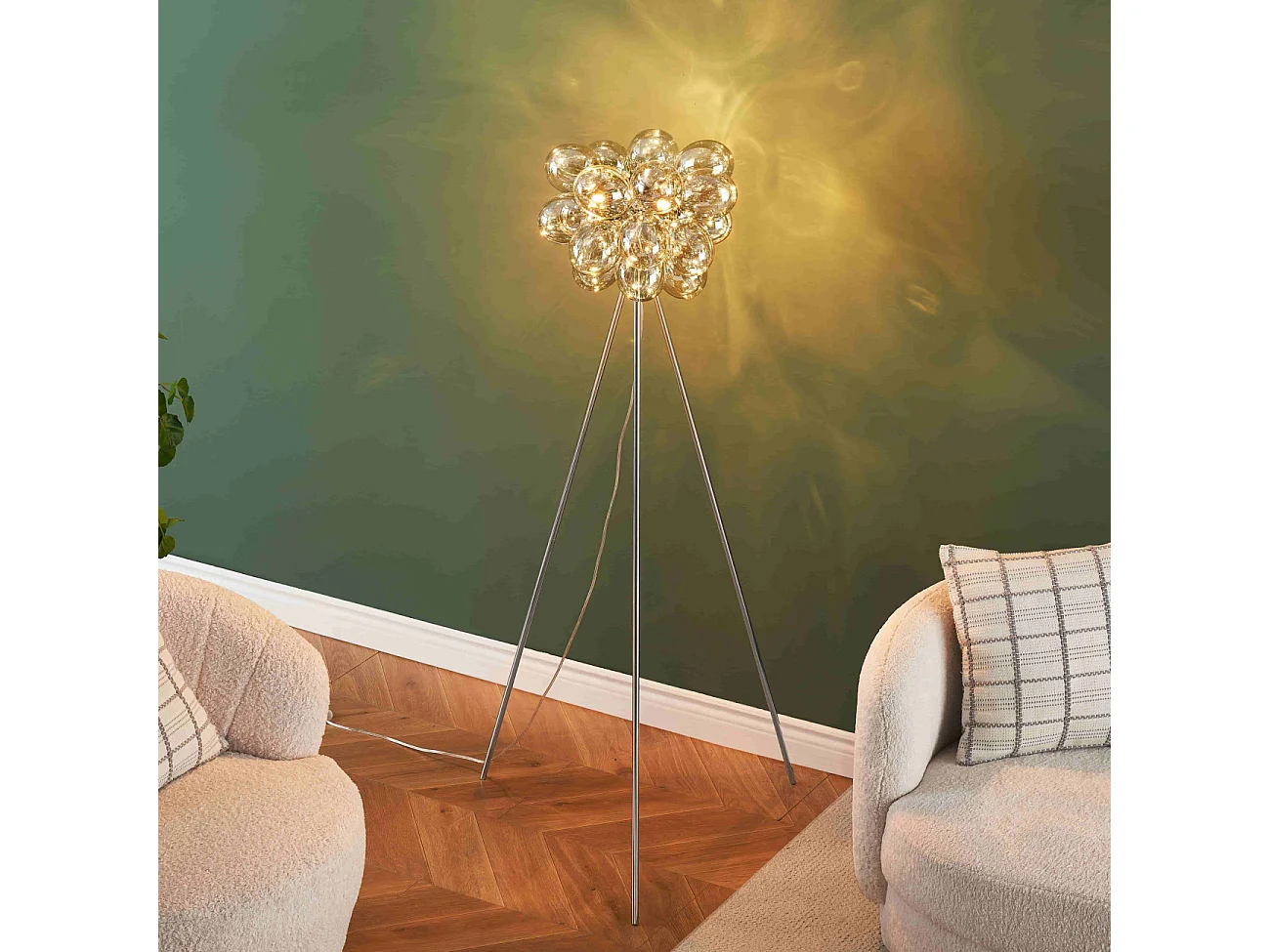 Lampadaire trépied chromé verre ambré ultra décoratif  - Bartali