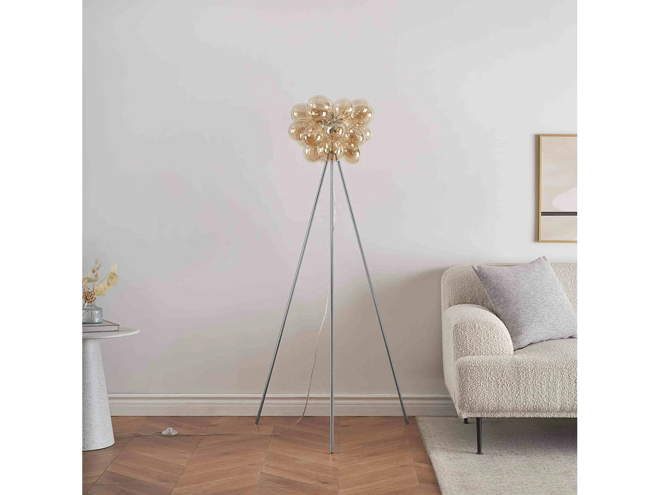 Lampadaire trépied chromé verre ambré ultra décoratif  - Bartali