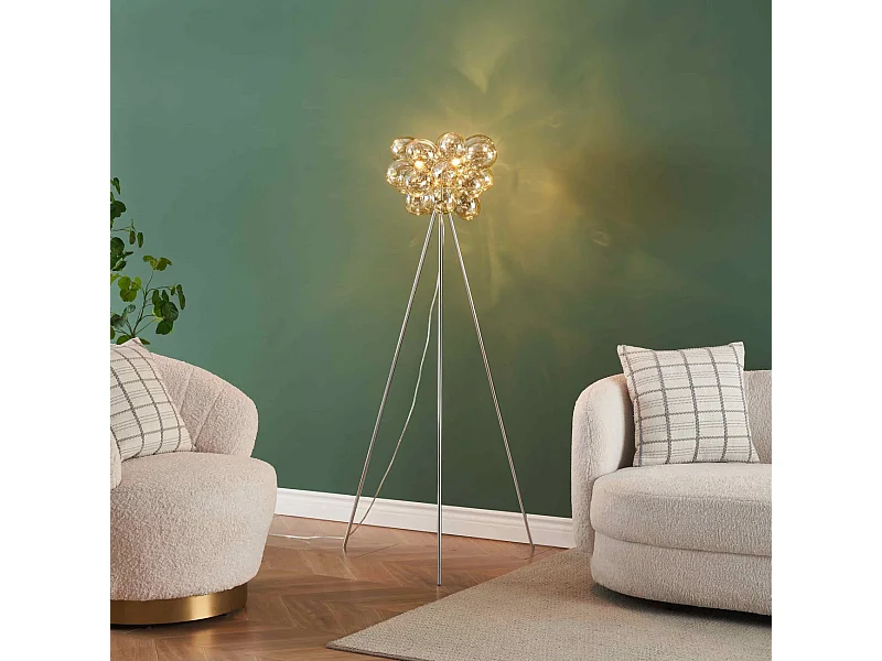 Lampadaire trépied chromé verre ambré ultra décoratif  - Bartali