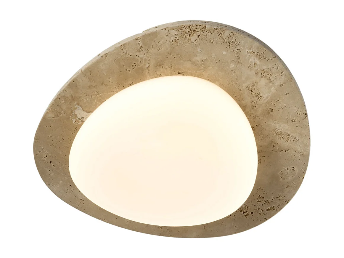 Applique ou plafonnier rond LED en travertin beige avec diffuseur blanc  - Nyméria