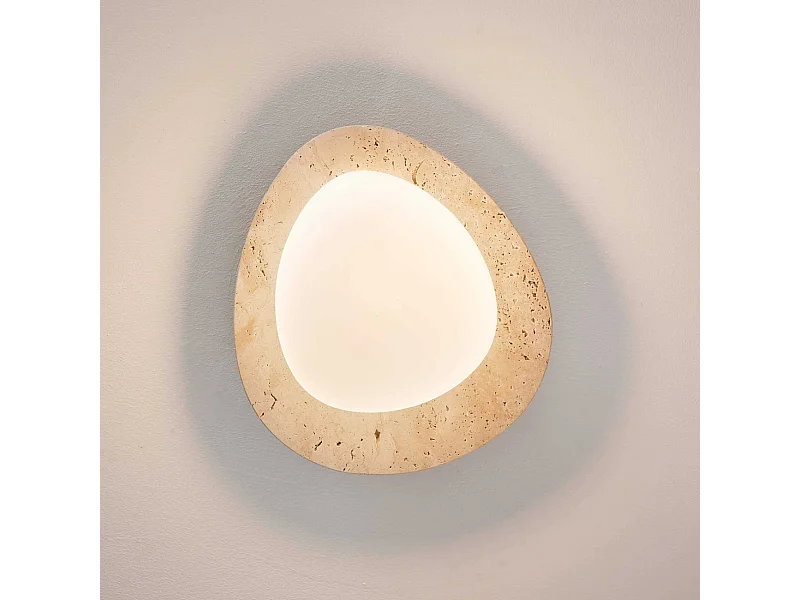 Applique ou plafonnier rond LED en travertin beige avec diffuseur blanc  - Nyméria
