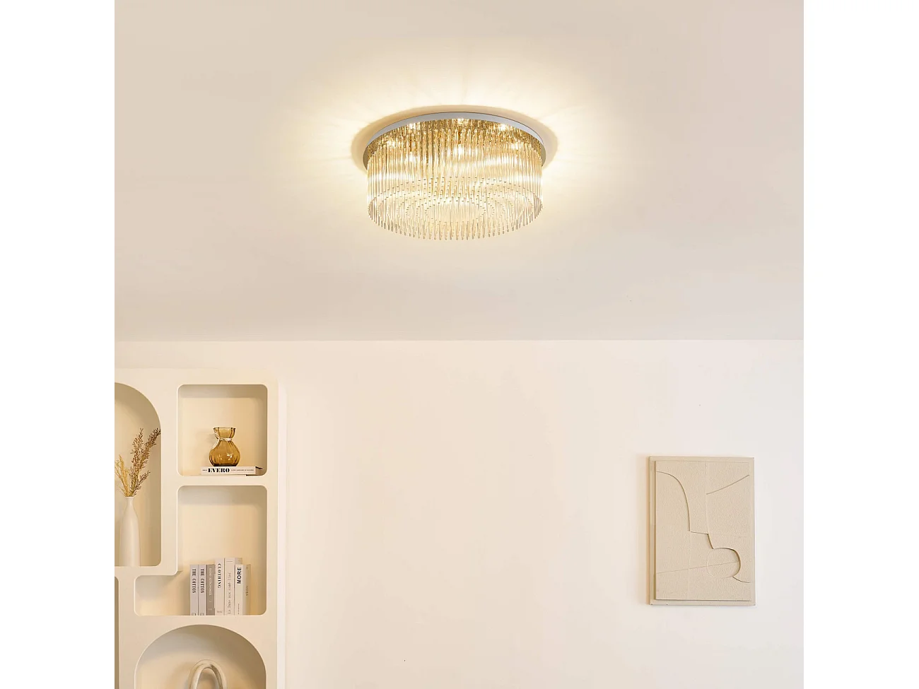 Plafonnier chic doré multi pampille transparentes 62 cm - Sandrilla