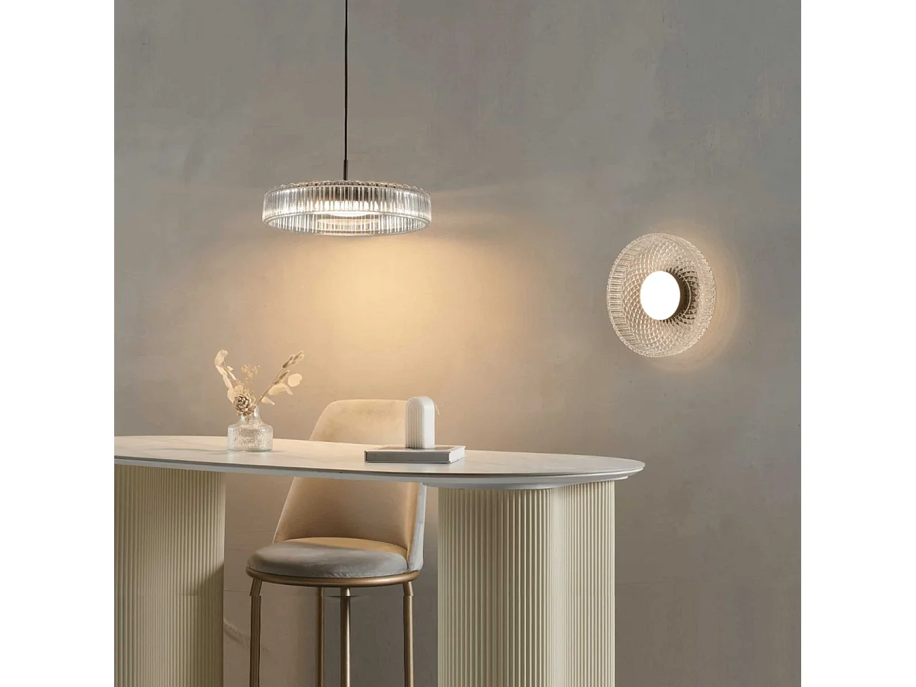 Plafonnier ou applique verre transparent et cannelé - Damian