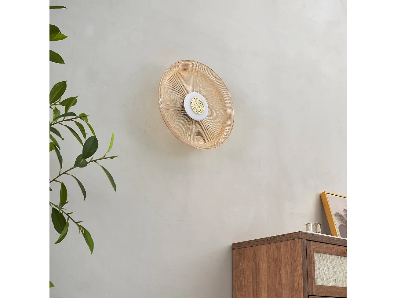 Plafonnier ou applique LED rond moderne verre ambré texturé et base noire - Ossara