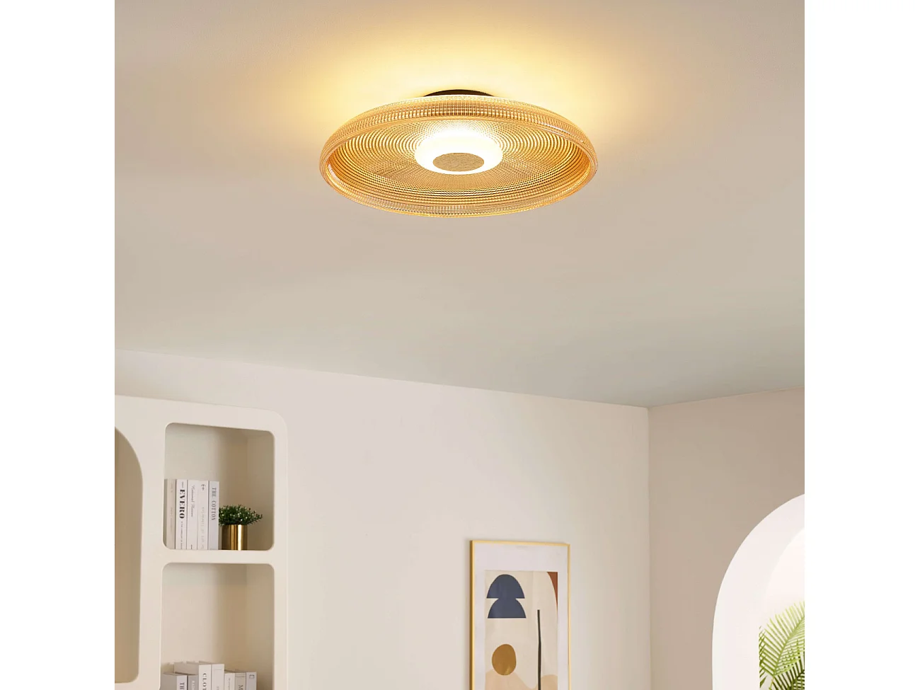 Plafonnier ou applique LED rond moderne verre ambré texturé et base noire - Ossara