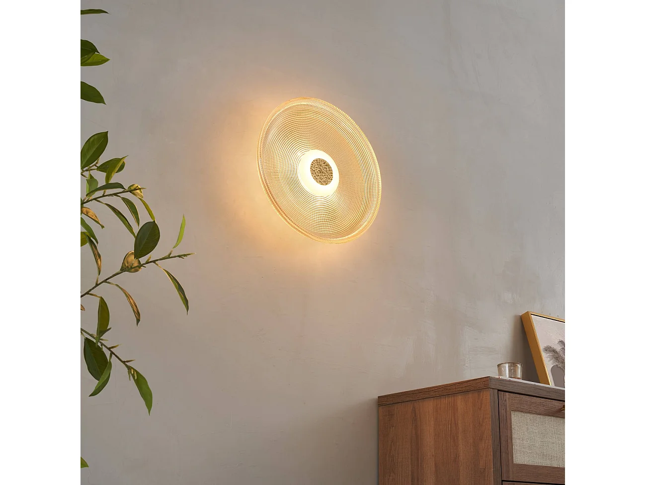 Plafonnier ou applique LED rond moderne verre ambré texturé et base noire - Ossara