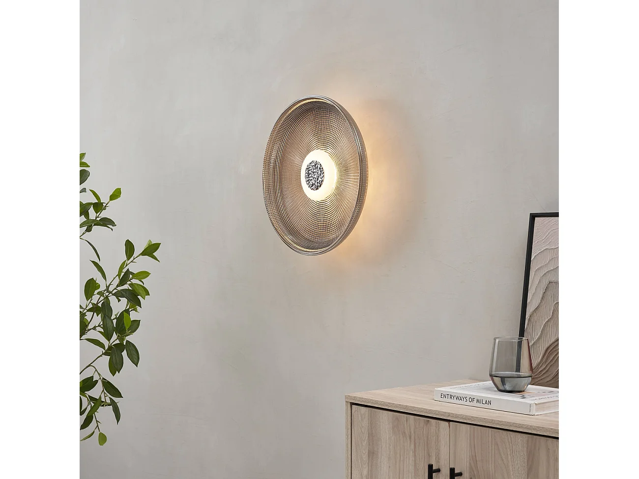 Plafonnier ou applique ronde LED verre fumé texturé et base noire  - Ossara
