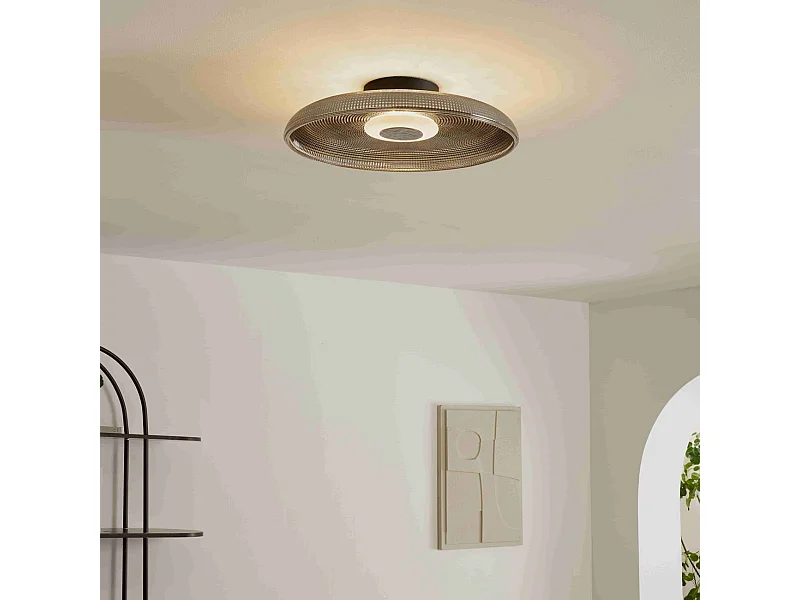 Plafonnier ou applique ronde LED verre fumé texturé et base noire  - Ossara