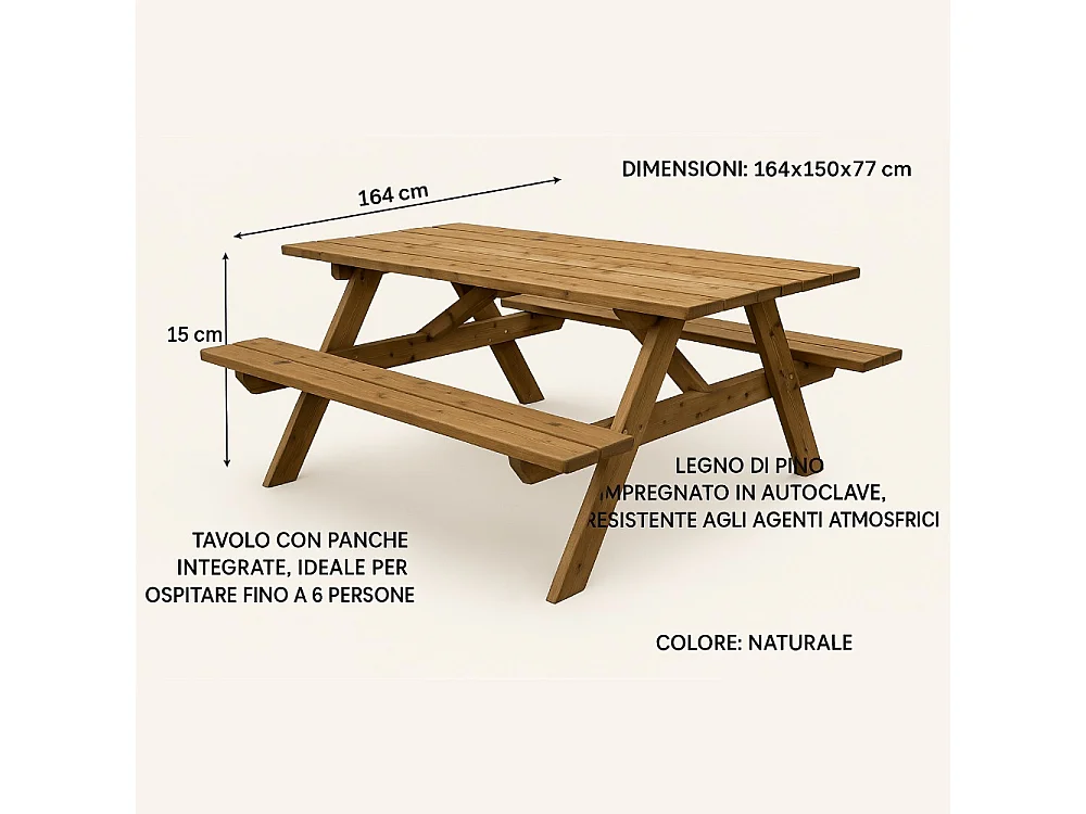 Tavolo Picnic in Legno Impregnato, 164x150x77 cm