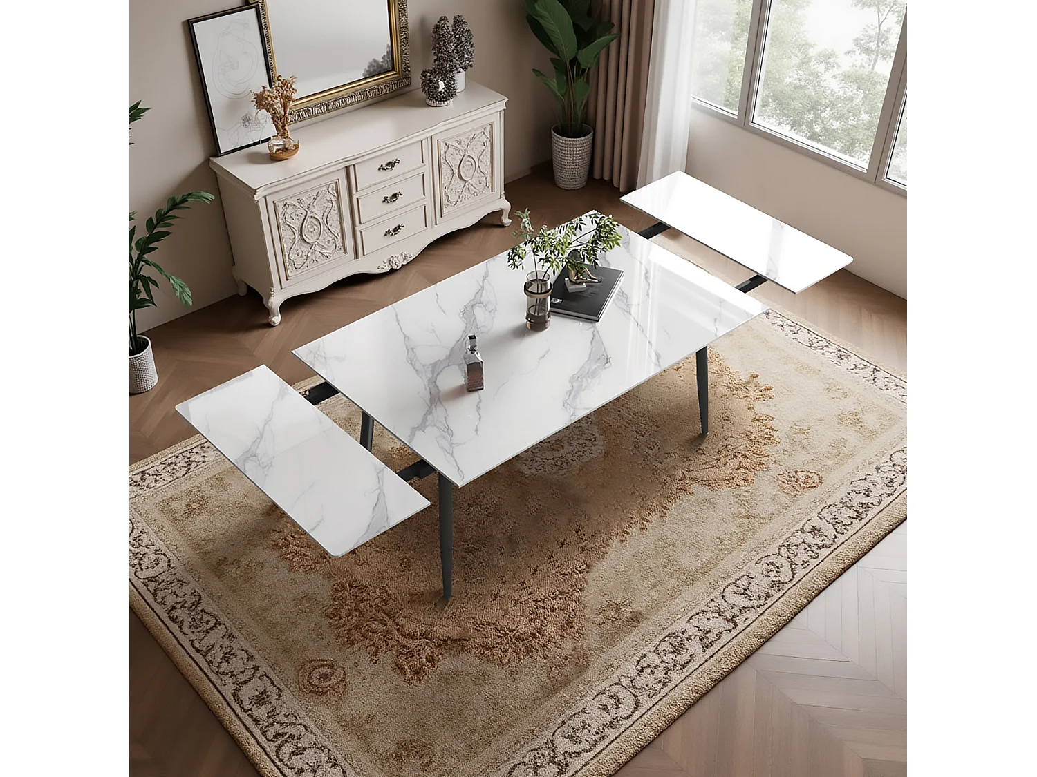 Ausziehbarer Tisch, Höhe 76 cm, Breite 90 cm, ausziehbar von 160 bis 240 cm, Tischplatte aus gesintertem Stein, Beige