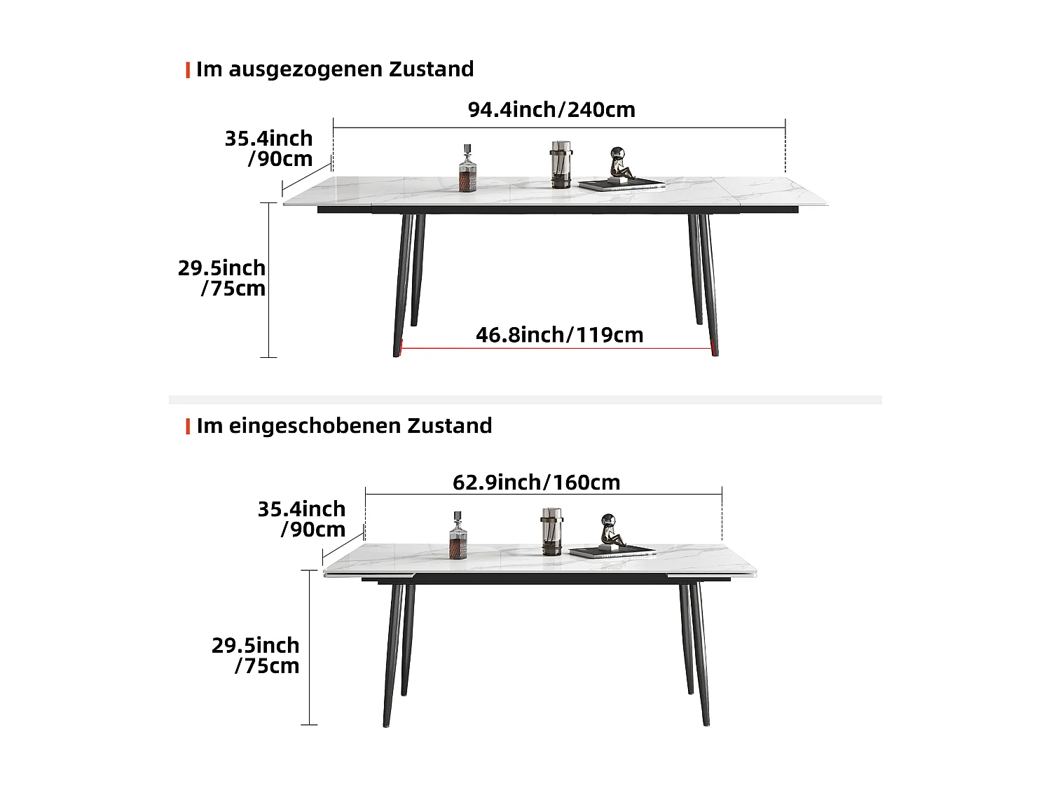 Ausziehbarer Tisch, Höhe 76 cm, Breite 90 cm, ausziehbar von 160 bis 240 cm, Tischplatte aus gesintertem Stein, Beige