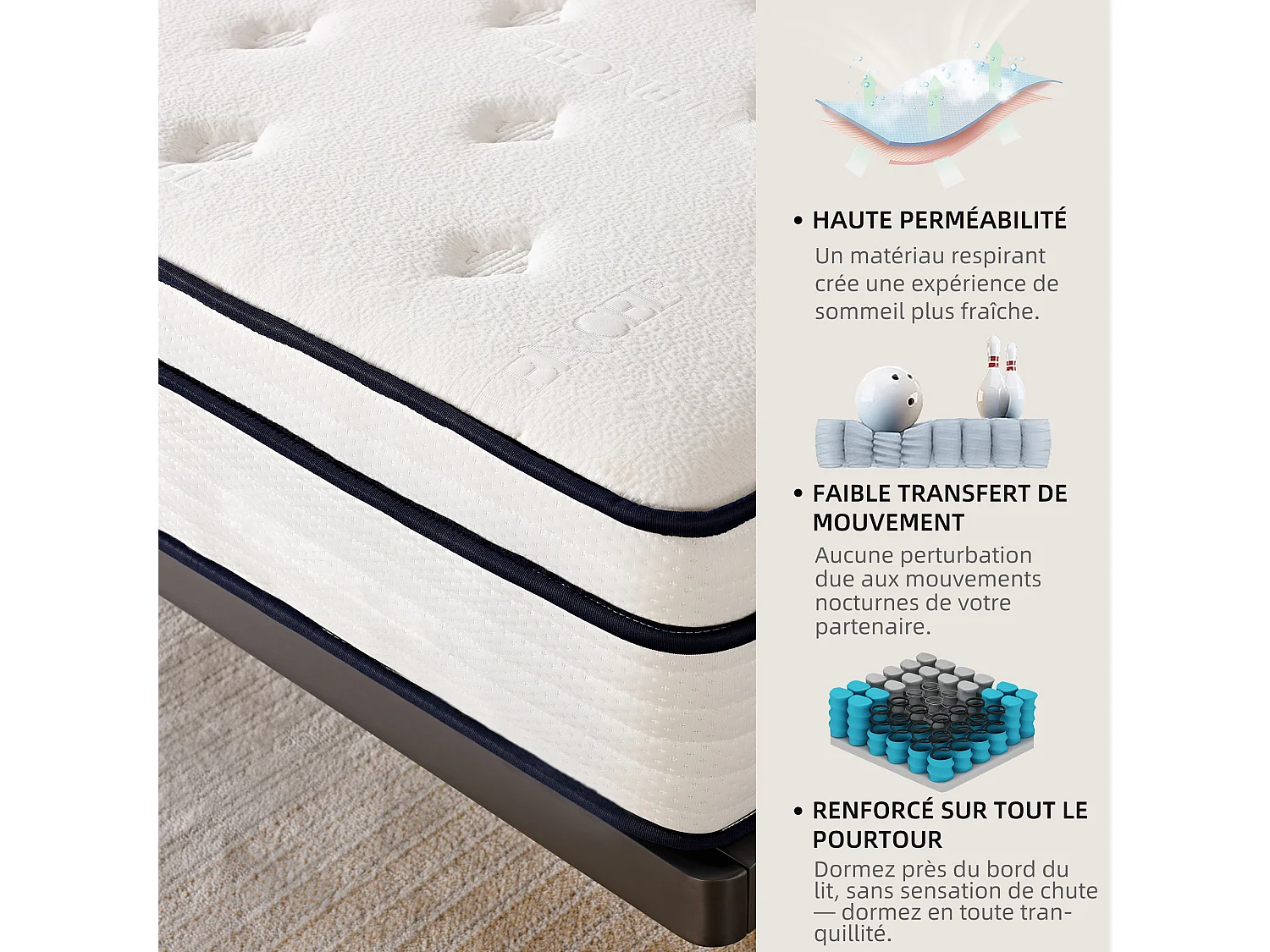 Matelas 140×200 cm à ressorts ensachés,soutien orthopédique de la colonne vertébrale à 7 zones, 25 cm, structure 6 couches, pour adultes