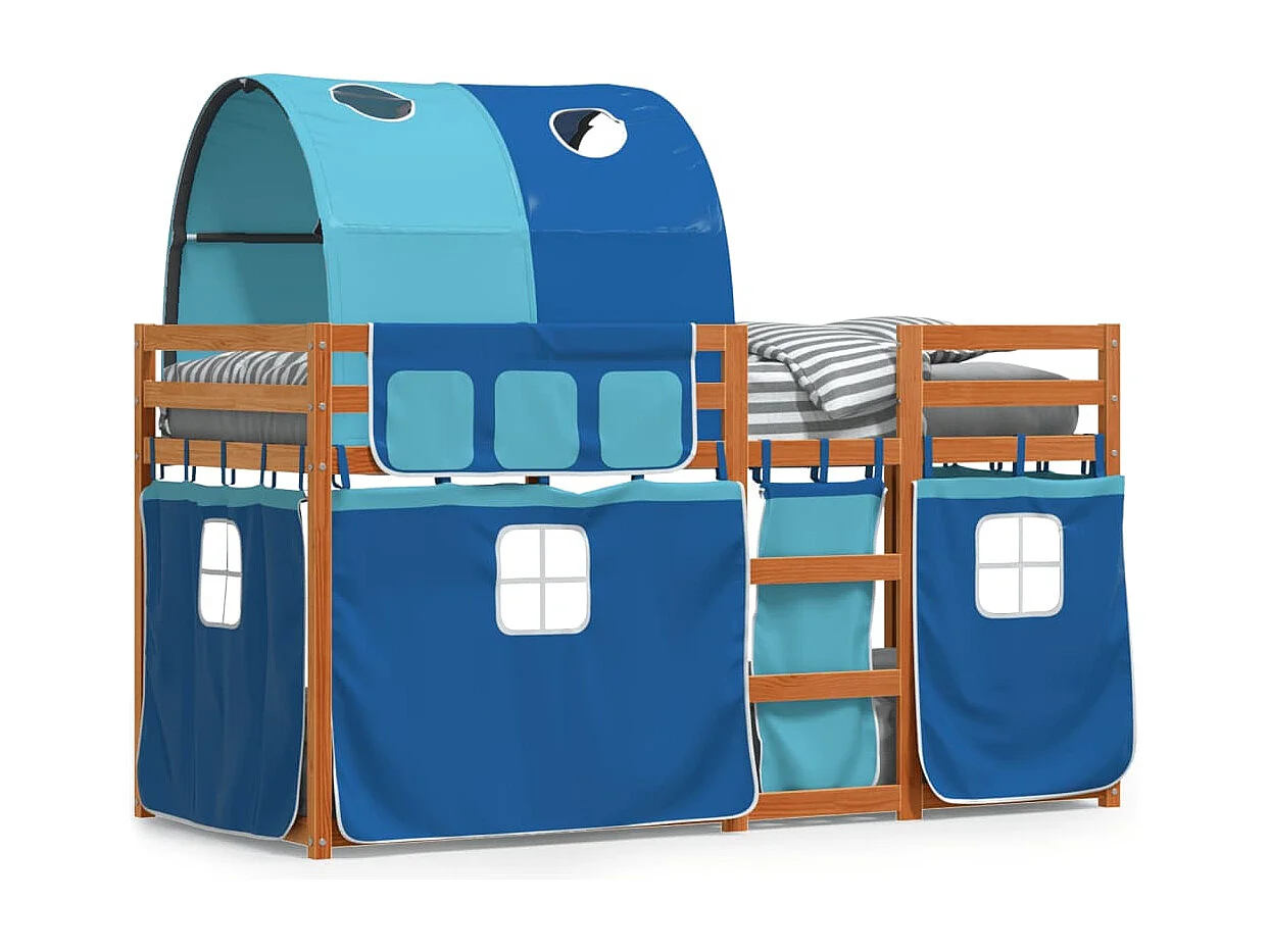 Lit superposé avec rideaux bleu 75x190 bois pin massif