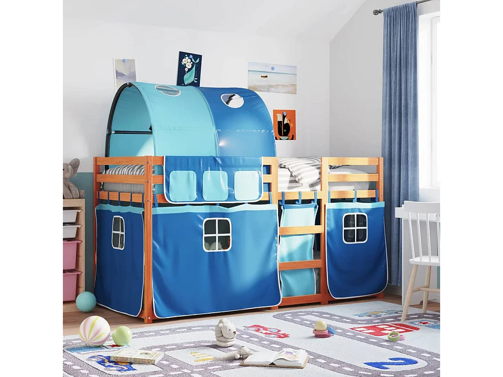 Lit superposé avec rideaux bleu 75x190 bois pin massif