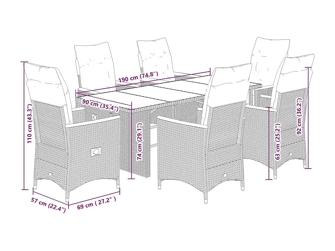 Set comedor jardín 7 piezas y cojines ratán sintético gris
