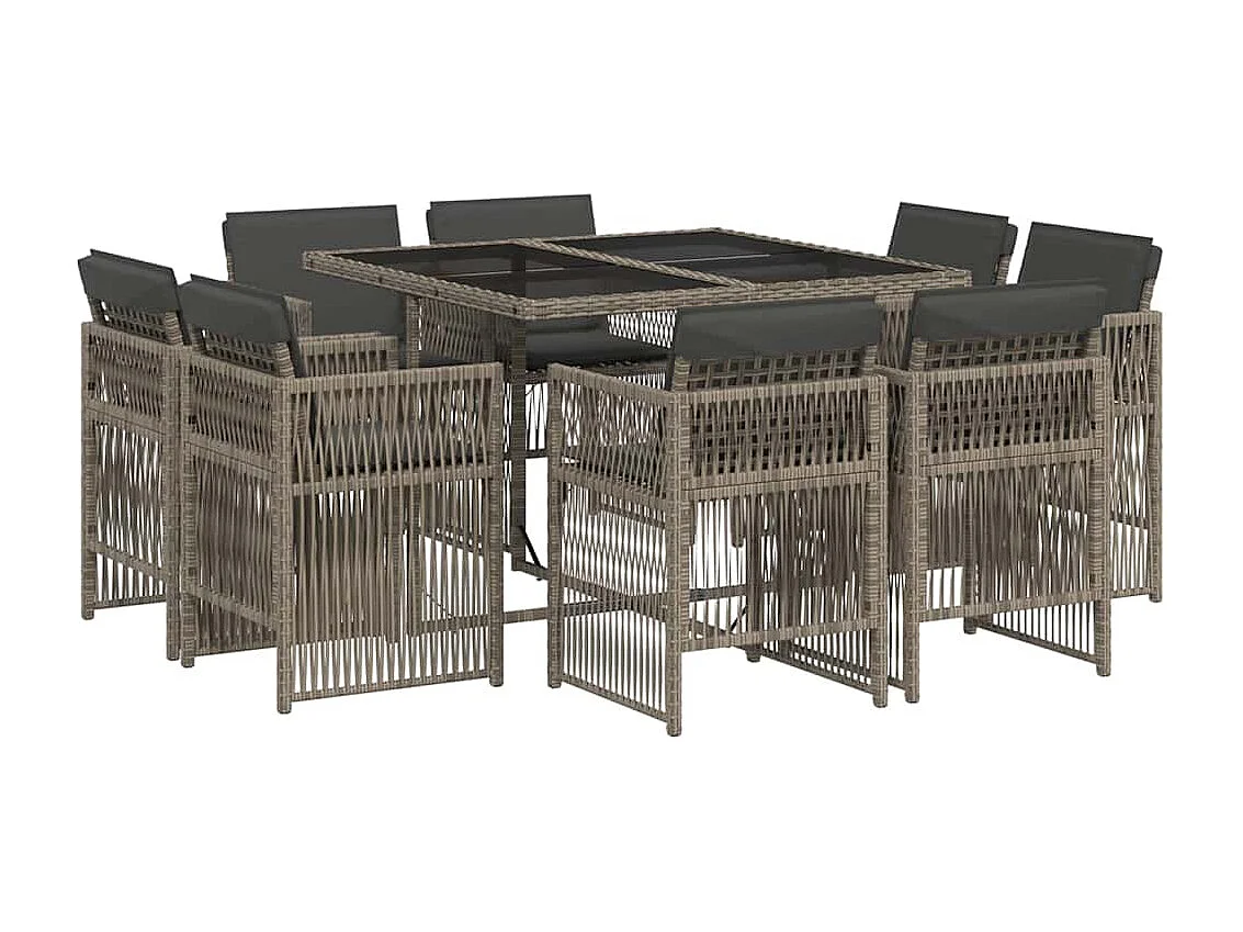 Set comedor jardín 9 piezas y cojines ratán sintético gris
