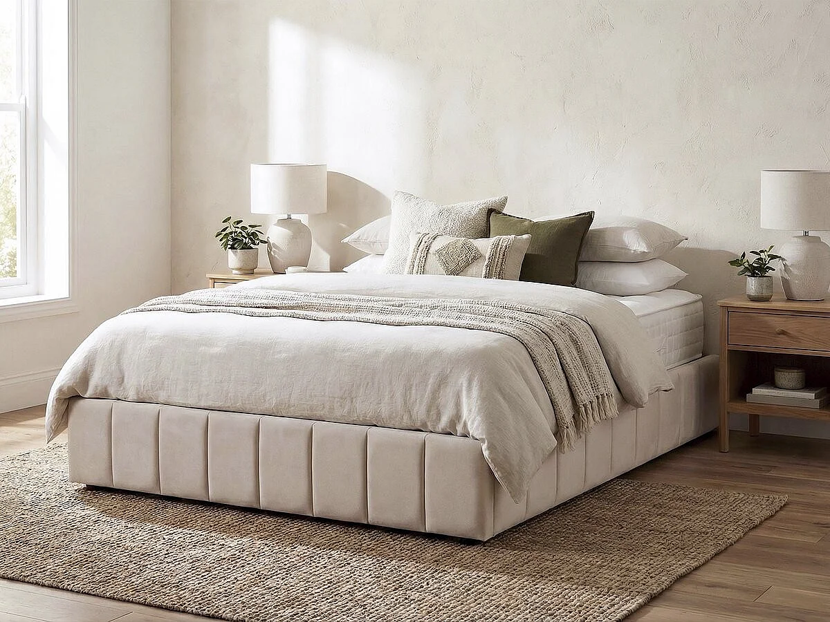 Lit double en velours avec coffre "Meribel" - Beige - 140 x 190 cm