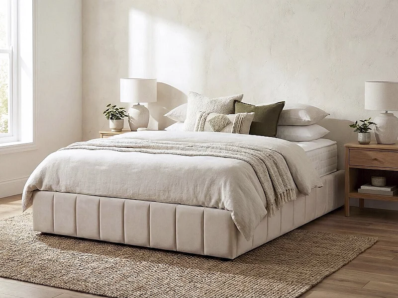 Lit double en velours avec coffre "Meribel" - Beige - 140 x 190 cm