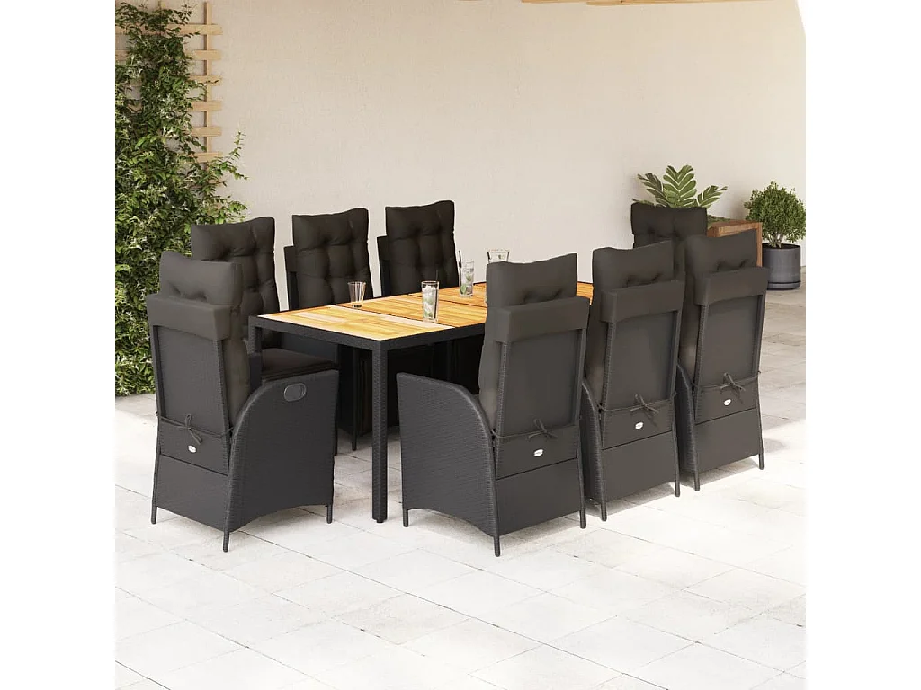 Set de comedor de jardín 9 piezas y cojines ratán sintético negro