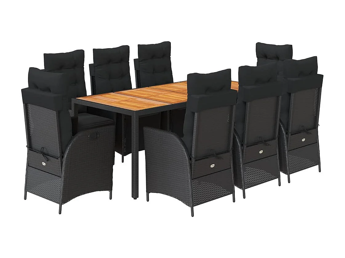 Set de comedor de jardín 9 piezas y cojines ratán sintético negro